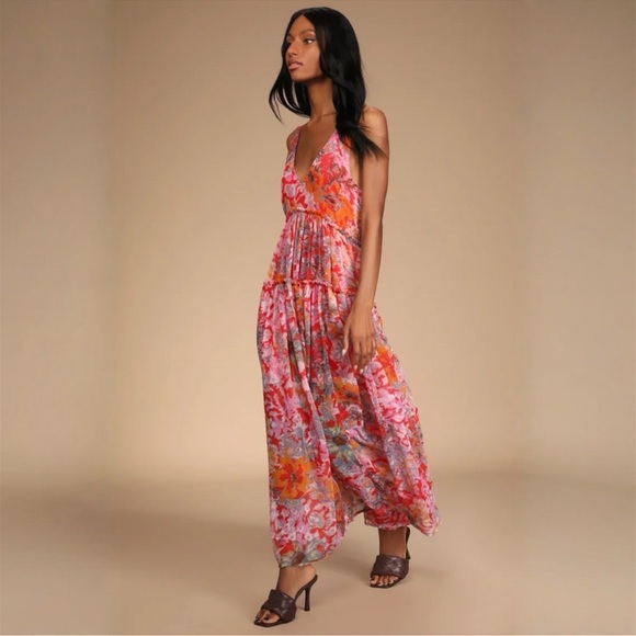 🦋Free People Juliana Tiered Flowy Abstract Chiffon Cherry Combo Maxi Dress🦋 - Picture 6 of 12